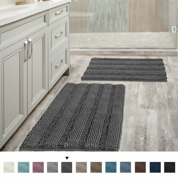 Extra Thick Soft Striped Shaggy Chenille Bath Rugs Mats for Bathroom and Kitchen