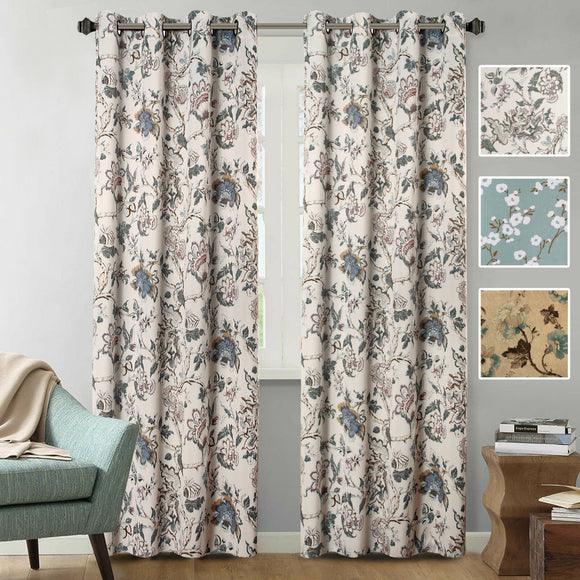 Blockout Curtains Pair Bedroom Living Room Vintage Floral Eyelet Curtains